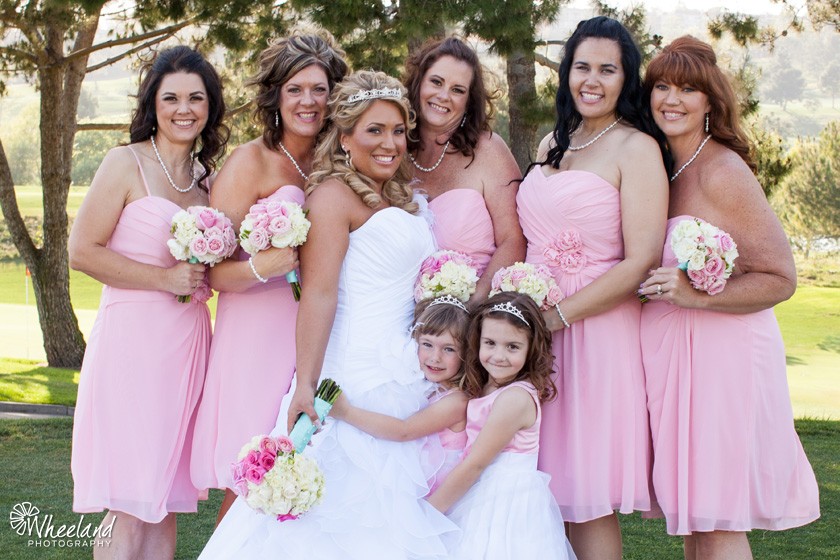 bride bridesmaids flower girls pink