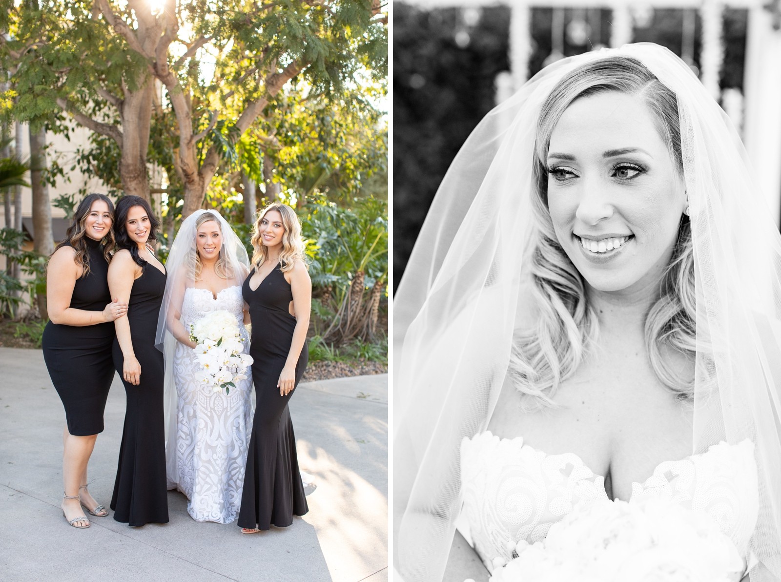 Bride bridesmaids black dresses